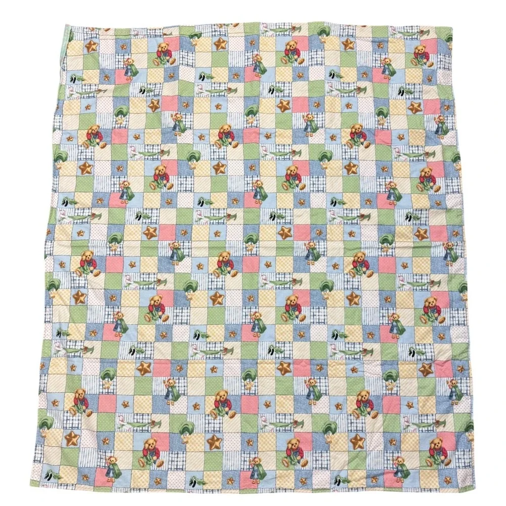 VTG Baby Quilt Blanket Teddy Bear Stars Patchwork Blue Pink Green Soft Crib CUTE